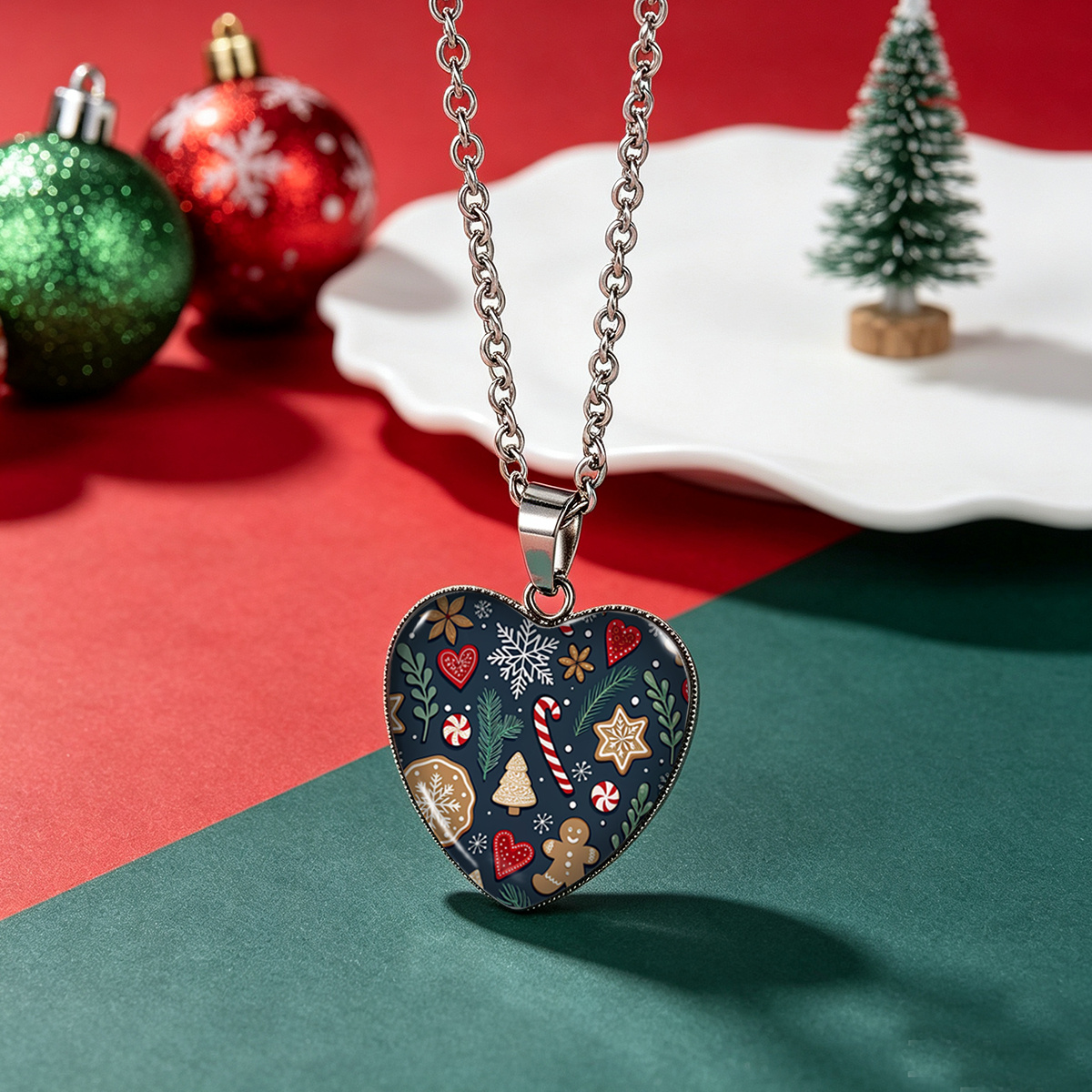 Heart Pendant Stainless Steel Necklace with Christmas Pattern